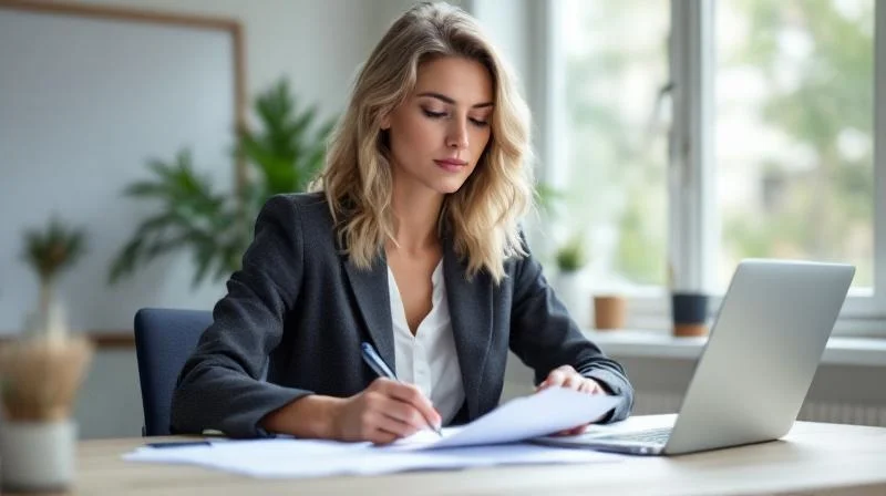 Berufstaetige Frau macht sich Notizen zu Foerderantraegen am Schreibtisch