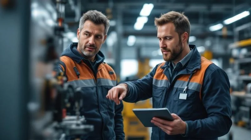 Ausbilder in einem Erfurter Industriebetrieb beim Anleiten einer Auszubildenden an einer Werkbank