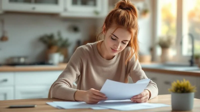 Frau prueft Unterlagen am Kuechentisch in einer hellen Wohnung in Erfurt