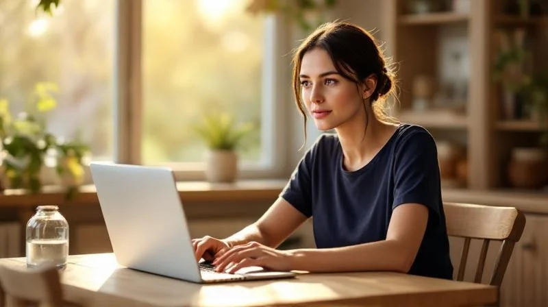 Frau lernt am Laptop in einem hellen Zimmer in Erfurt