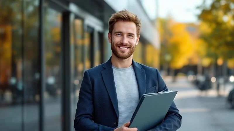 Mann haelt stolz sein IHK-Zeugnis in einem modernen Buero in Erfurt