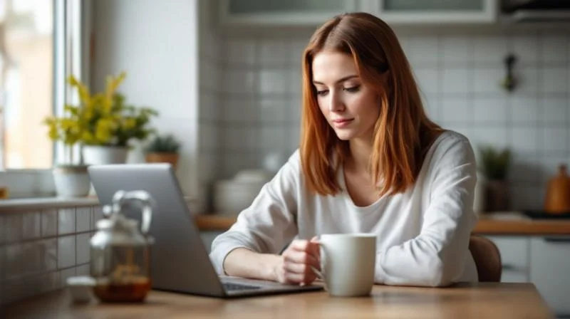Frau sitzt konzentriert mit Laptop an einem Schreibtisch und lernt fuer ihre Weiterbildung in Erfurt