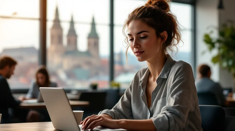 Erfurter Angestellter im Coworking-Space mit Laptop, im Hintergrund Altstadtkulisse