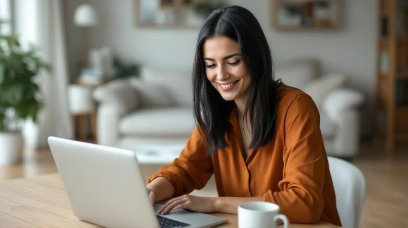 Frau arbeitet am Laptop in einem hellen modernen Arbeitszimmer in Erfurt
