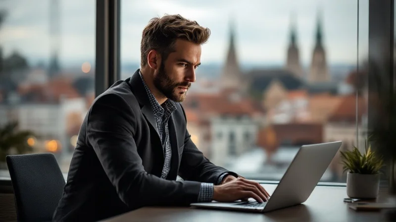 Geschäftsführer im Erfurter Büro mit Blick auf Krämerbrücke und Altstadt