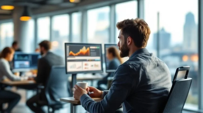 Quereinsteiger in einem Erfurter Unternehmen am Arbeitsplatz, arbeitet konzentriert an Dashboards und KI-Tools