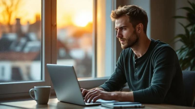 Mann arbeitet am Laptop in einem hellen Raum mit Blick auf die Erfurter Altstadt