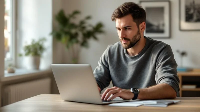 Mann lernt am Laptop in einer modernen Wohnung mit Blick auf die Erfurter Altstadt