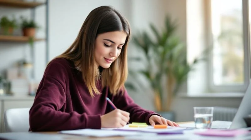 Frau arbeitet konzentriert am Schreibtisch in einer hellen Wohnung in Erfurt